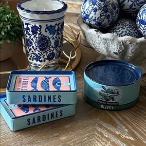 NEW! Amalfi Coast Blue Sardines Tins & Italian Olives Faux Storage Can Set
